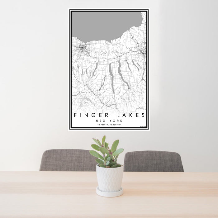 24x36 Finger Lakes New York Map Print Portrait Orientation in Classic Style Behind 2 Chairs Table and Potted Plant