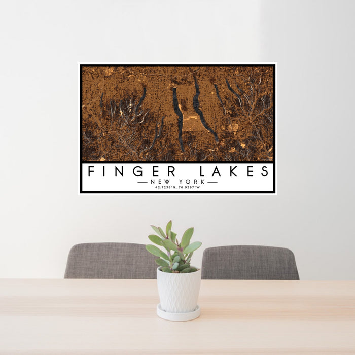 24x36 Finger Lakes New York Map Print Lanscape Orientation in Ember Style Behind 2 Chairs Table and Potted Plant