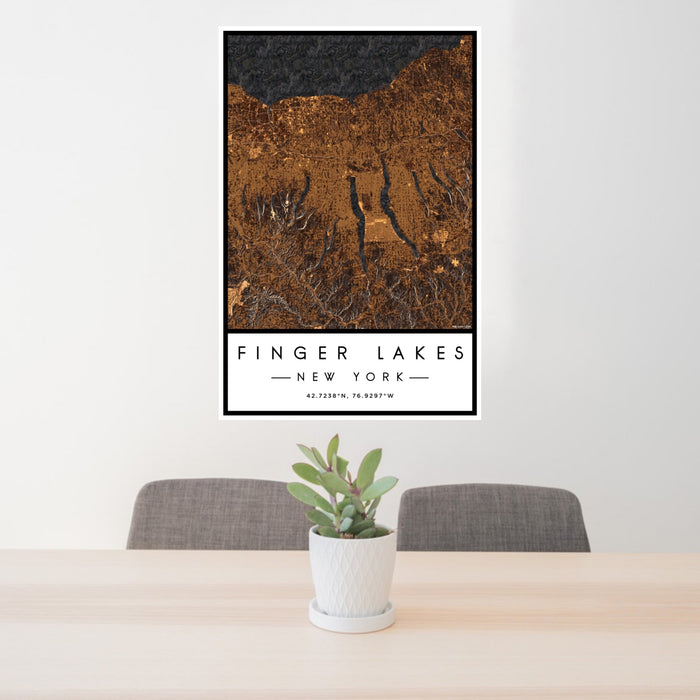 24x36 Finger Lakes New York Map Print Portrait Orientation in Ember Style Behind 2 Chairs Table and Potted Plant