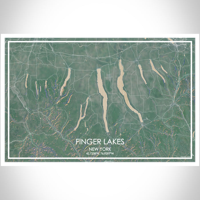 Finger Lakes New York Map Print Landscape Orientation in Afternoon Style With Shaded Background