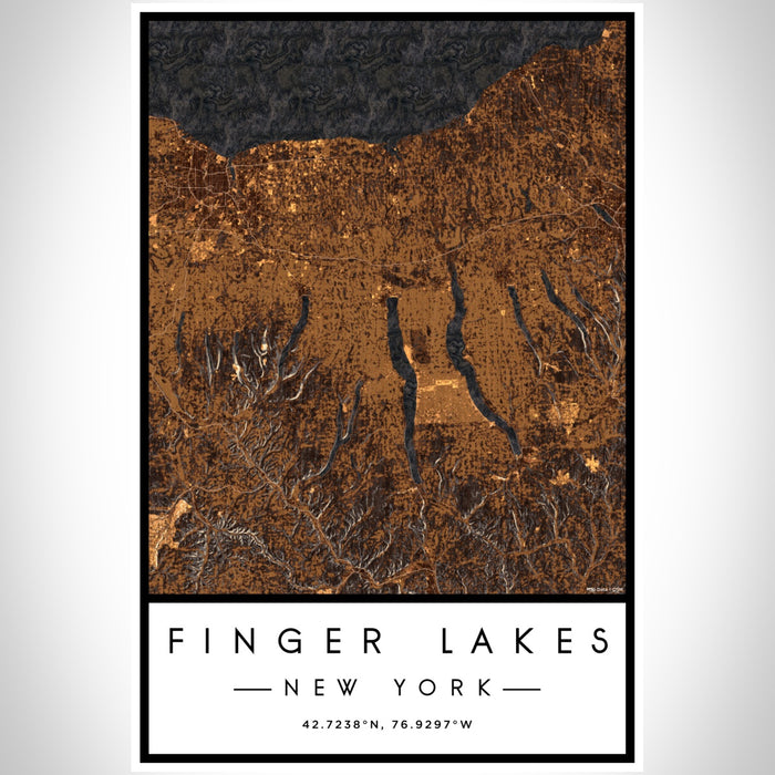 Finger Lakes New York Map Print Portrait Orientation in Ember Style With Shaded Background