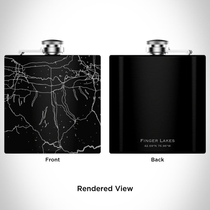Rendered View of Finger Lakes New York Map Engraving on 6oz Stainless Steel Flask in Black