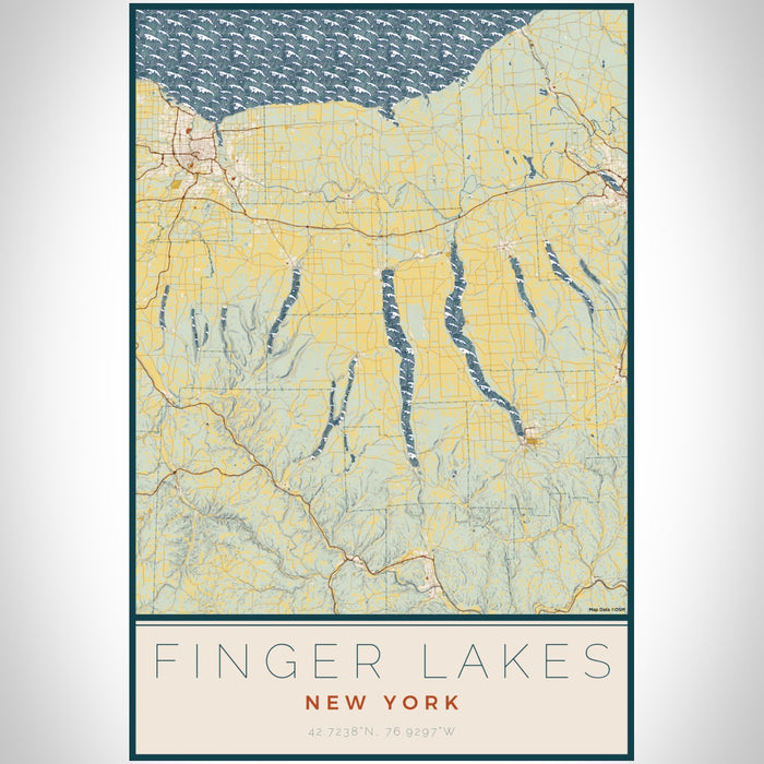 Finger Lakes New York Map Print Portrait Orientation in Woodblock Style With Shaded Background