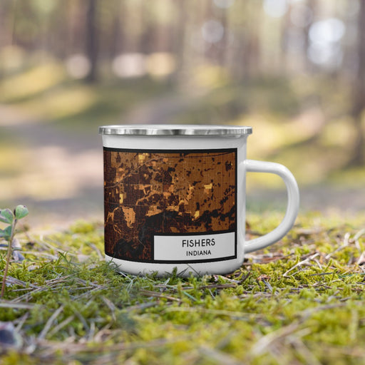 Right View Custom Fishers Indiana Map Enamel Mug in Ember on Grass With Trees in Background