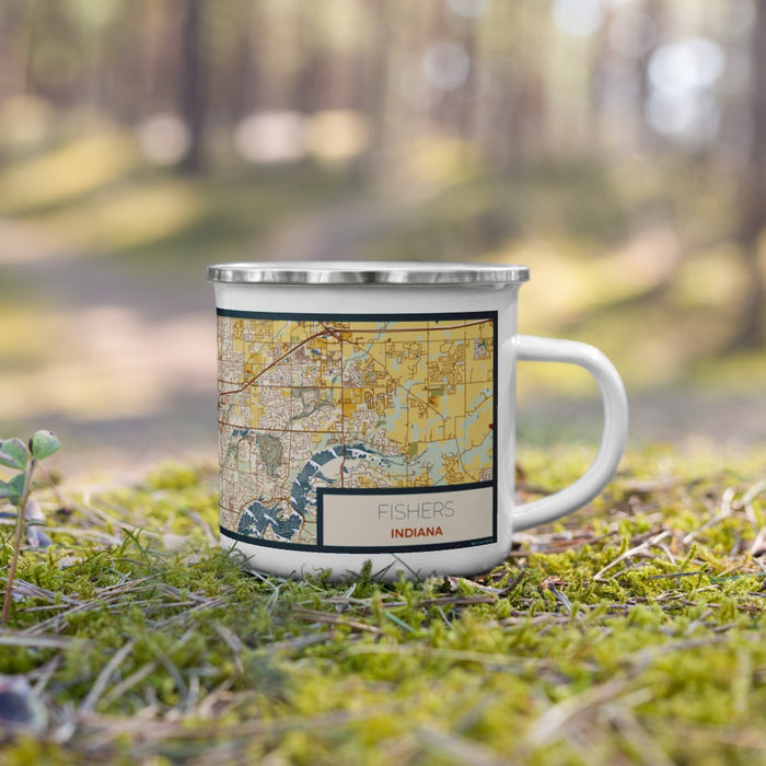 Right View Custom Fishers Indiana Map Enamel Mug in Woodblock on Grass With Trees in Background