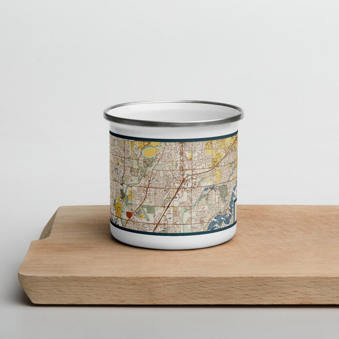 Front View Custom Fishers Indiana Map Enamel Mug in Woodblock on Cutting Board