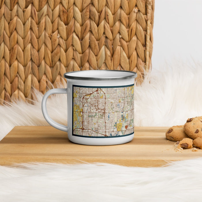 Left View Custom Fishers Indiana Map Enamel Mug in Woodblock on Table Top