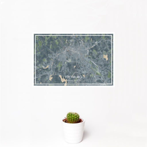 12x18 Fitchburg Massachusetts Map Print Landscape Orientation in Afternoon Style With Small Cactus Plant in White Planter