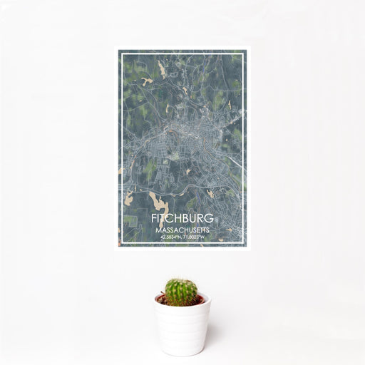 12x18 Fitchburg Massachusetts Map Print Portrait Orientation in Afternoon Style With Small Cactus Plant in White Planter