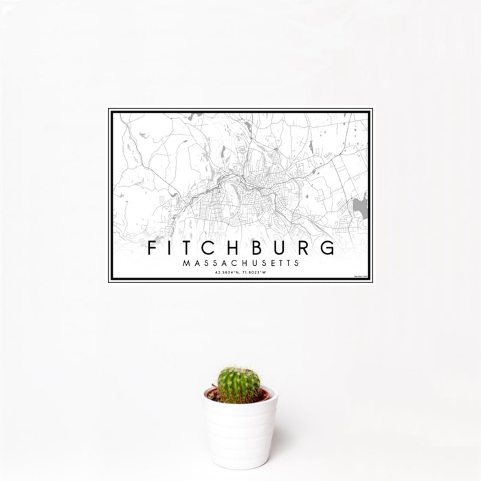 12x18 Fitchburg Massachusetts Map Print Landscape Orientation in Classic Style With Small Cactus Plant in White Planter