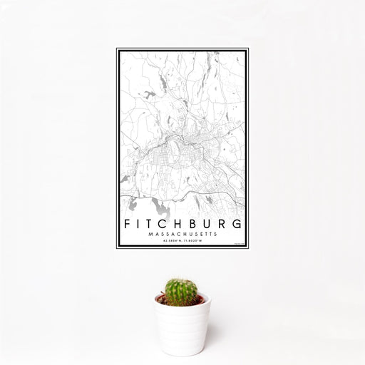 12x18 Fitchburg Massachusetts Map Print Portrait Orientation in Classic Style With Small Cactus Plant in White Planter