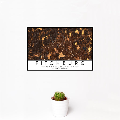 12x18 Fitchburg Massachusetts Map Print Landscape Orientation in Ember Style With Small Cactus Plant in White Planter