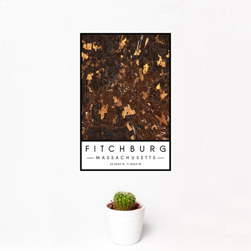 12x18 Fitchburg Massachusetts Map Print Portrait Orientation in Ember Style With Small Cactus Plant in White Planter