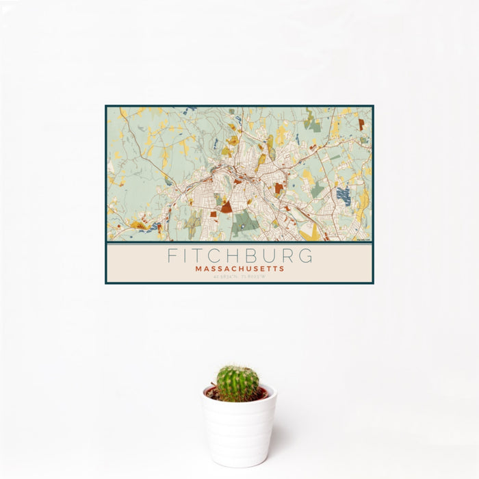 12x18 Fitchburg Massachusetts Map Print Landscape Orientation in Woodblock Style With Small Cactus Plant in White Planter
