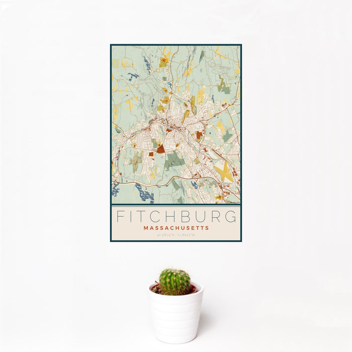 12x18 Fitchburg Massachusetts Map Print Portrait Orientation in Woodblock Style With Small Cactus Plant in White Planter