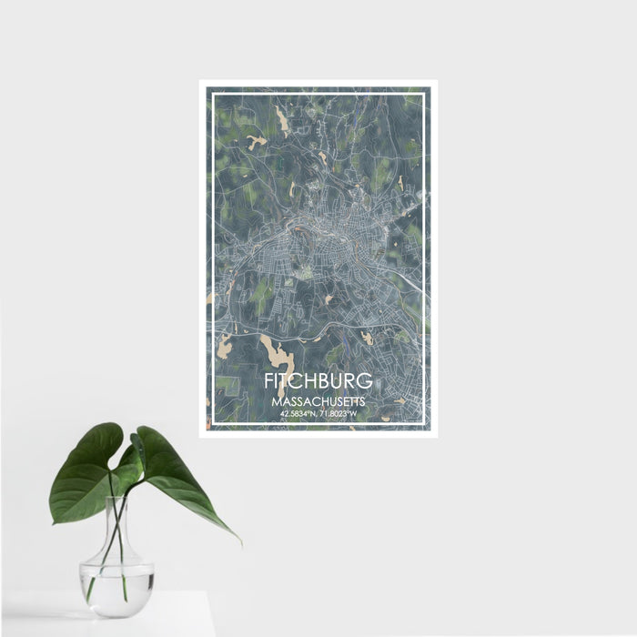 16x24 Fitchburg Massachusetts Map Print Portrait Orientation in Afternoon Style With Tropical Plant Leaves in Water