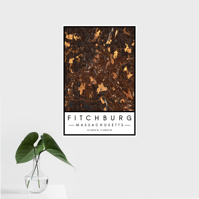 16x24 Fitchburg Massachusetts Map Print Portrait Orientation in Ember Style With Tropical Plant Leaves in Water