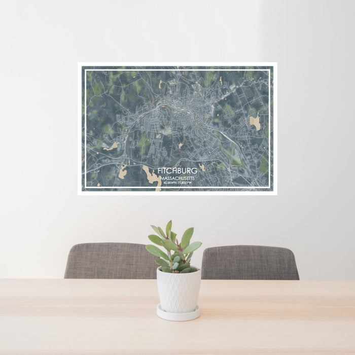 24x36 Fitchburg Massachusetts Map Print Lanscape Orientation in Afternoon Style Behind 2 Chairs Table and Potted Plant