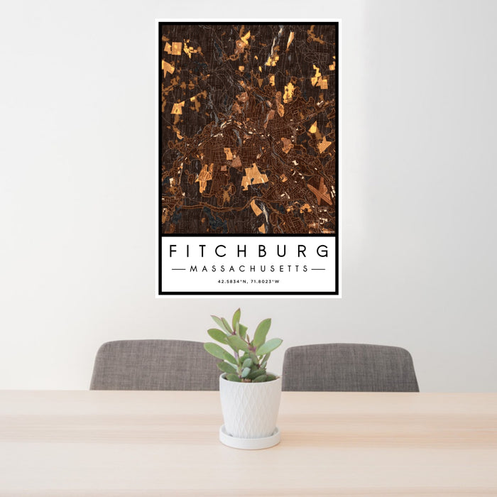 24x36 Fitchburg Massachusetts Map Print Portrait Orientation in Ember Style Behind 2 Chairs Table and Potted Plant