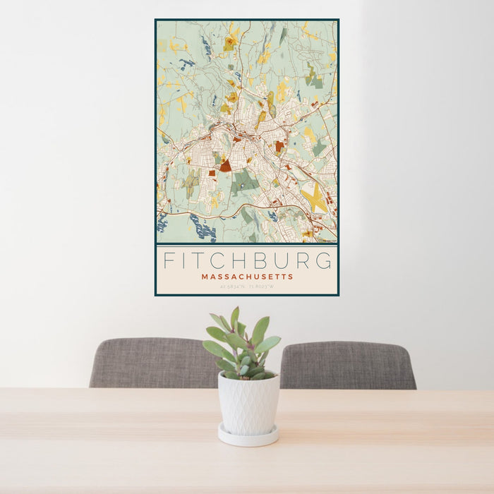 24x36 Fitchburg Massachusetts Map Print Portrait Orientation in Woodblock Style Behind 2 Chairs Table and Potted Plant
