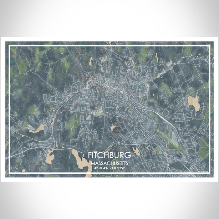 Fitchburg Massachusetts Map Print Landscape Orientation in Afternoon Style With Shaded Background