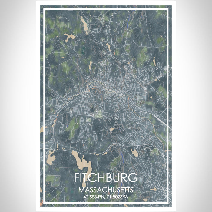 Fitchburg Massachusetts Map Print Portrait Orientation in Afternoon Style With Shaded Background