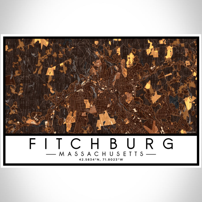 Fitchburg Massachusetts Map Print Landscape Orientation in Ember Style With Shaded Background