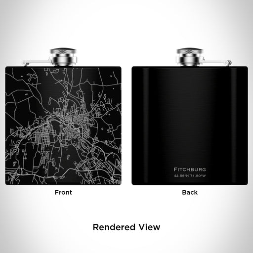 Rendered View of Fitchburg Massachusetts Map Engraving on 6oz Stainless Steel Flask in Black
