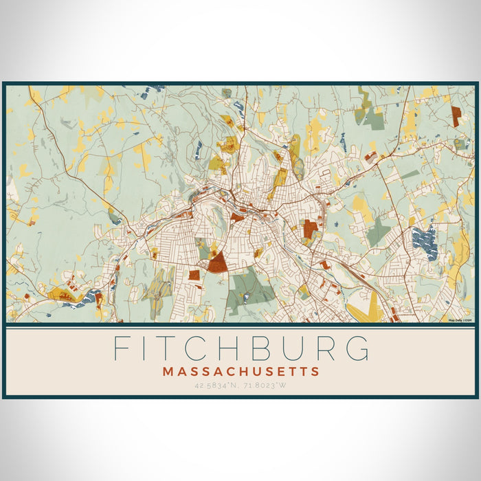 Fitchburg Massachusetts Map Print Landscape Orientation in Woodblock Style With Shaded Background