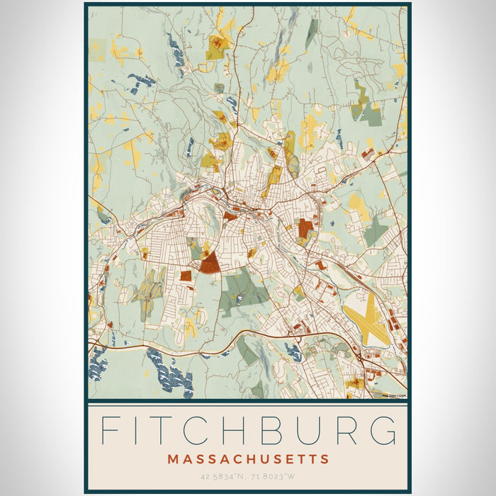 Fitchburg Massachusetts Map Print Portrait Orientation in Woodblock Style With Shaded Background