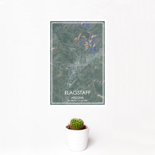 12x18 Flagstaff Arizona Map Print Portrait Orientation in Afternoon Style With Small Cactus Plant in White Planter