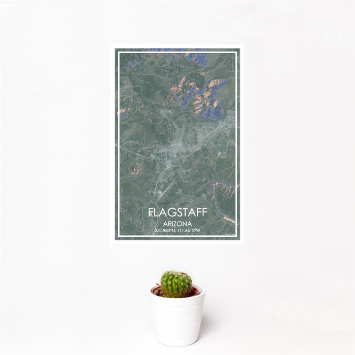 12x18 Flagstaff Arizona Map Print Portrait Orientation in Afternoon Style With Small Cactus Plant in White Planter