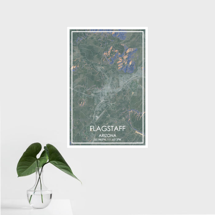 16x24 Flagstaff Arizona Map Print Portrait Orientation in Afternoon Style With Tropical Plant Leaves in Water
