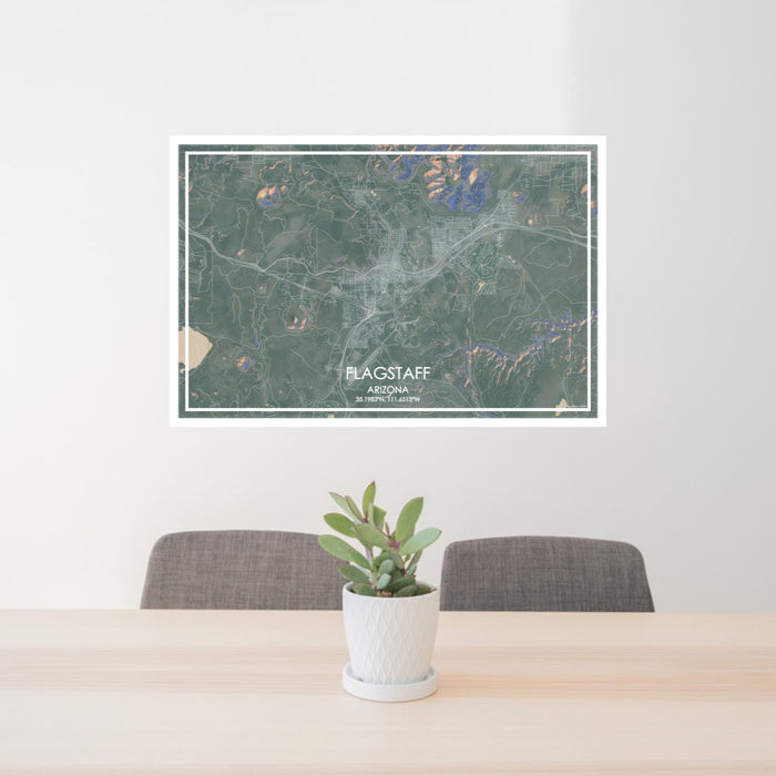 24x36 Flagstaff Arizona Map Print Lanscape Orientation in Afternoon Style Behind 2 Chairs Table and Potted Plant
