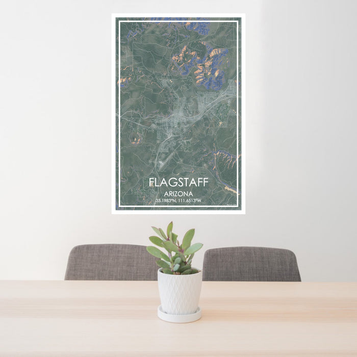 24x36 Flagstaff Arizona Map Print Portrait Orientation in Afternoon Style Behind 2 Chairs Table and Potted Plant