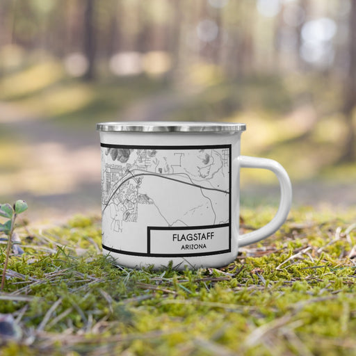 Right View Custom Flagstaff Arizona Map Enamel Mug in Classic on Grass With Trees in Background