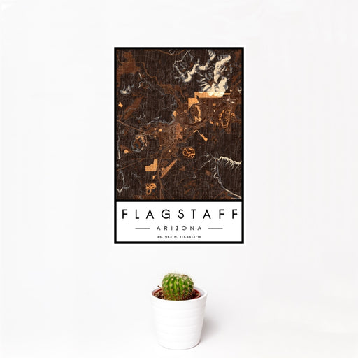12x18 Flagstaff Arizona Map Print Portrait Orientation in Ember Style With Small Cactus Plant in White Planter