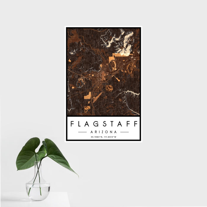 16x24 Flagstaff Arizona Map Print Portrait Orientation in Ember Style With Tropical Plant Leaves in Water
