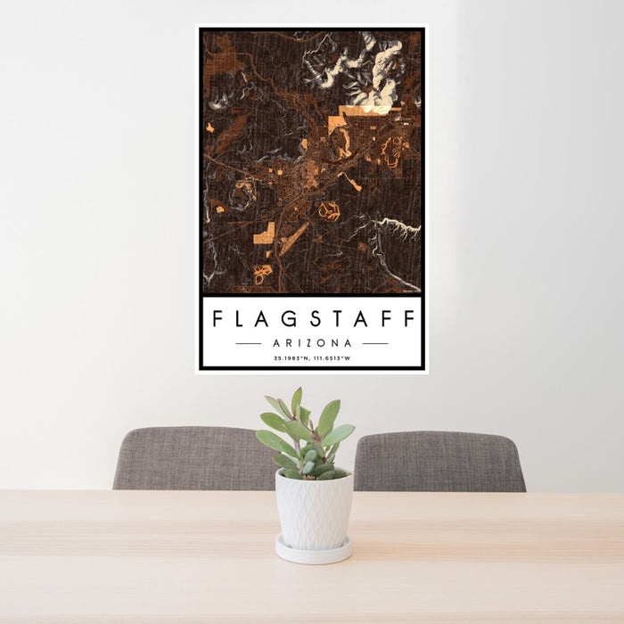 24x36 Flagstaff Arizona Map Print Portrait Orientation in Ember Style Behind 2 Chairs Table and Potted Plant
