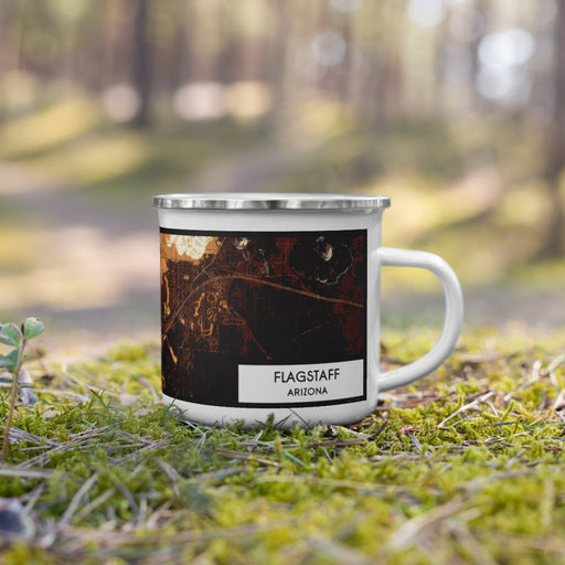 Right View Custom Flagstaff Arizona Map Enamel Mug in Ember on Grass With Trees in Background