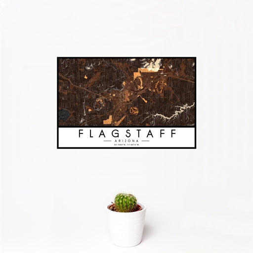 12x18 Flagstaff Arizona Map Print Landscape Orientation in Ember Style With Small Cactus Plant in White Planter