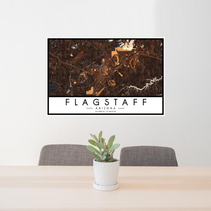 24x36 Flagstaff Arizona Map Print Landscape Orientation in Ember Style Behind 2 Chairs Table and Potted Plant