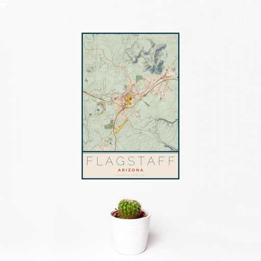 12x18 Flagstaff Arizona Map Print Portrait Orientation in Woodblock Style With Small Cactus Plant in White Planter