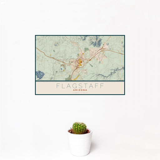 12x18 Flagstaff Arizona Map Print Landscape Orientation in Woodblock Style With Small Cactus Plant in White Planter