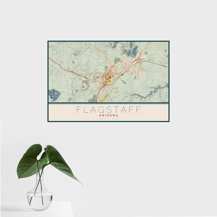 16x24 Flagstaff Arizona Map Print Landscape Orientation in Woodblock Style With Tropical Plant Leaves in Water
