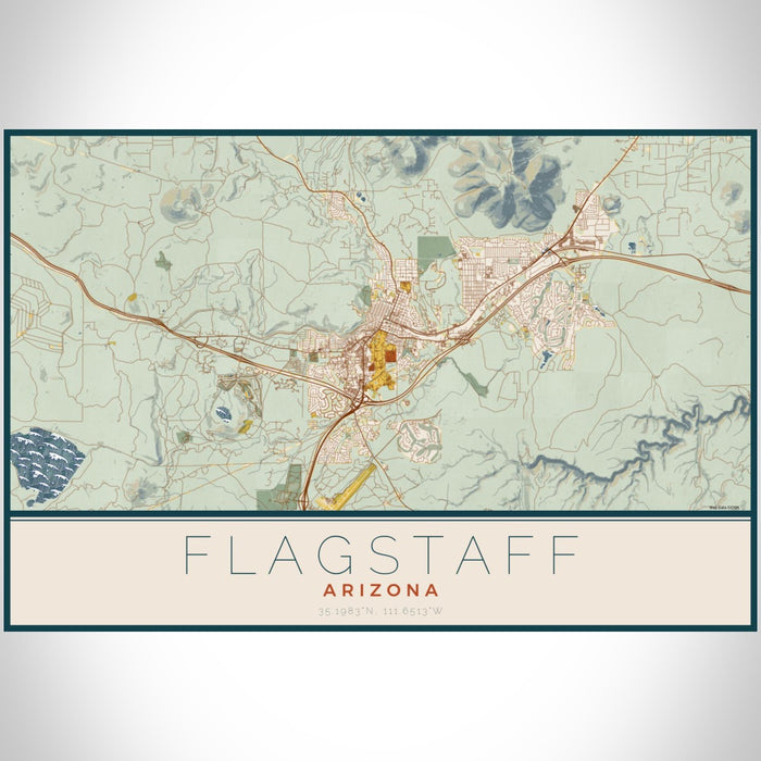 Flagstaff Arizona Map Print Landscape Orientation in Woodblock Style With Shaded Background