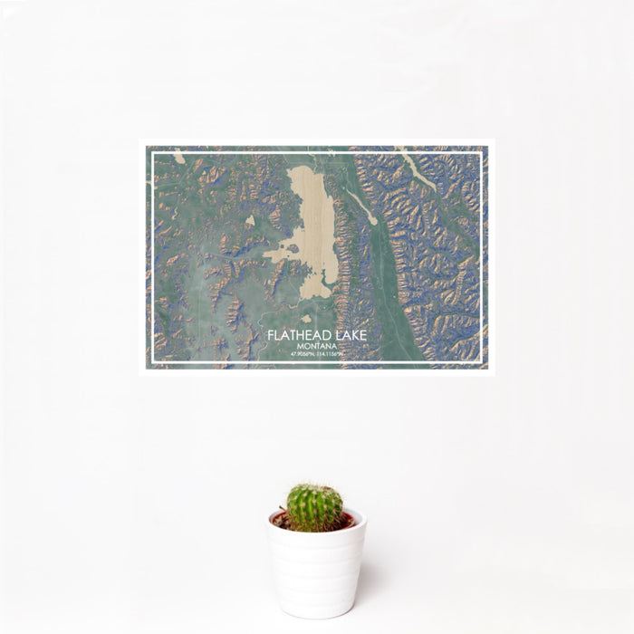 12x18 Flathead Lake Montana Map Print Landscape Orientation in Afternoon Style With Small Cactus Plant in White Planter