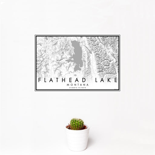 12x18 Flathead Lake Montana Map Print Landscape Orientation in Classic Style With Small Cactus Plant in White Planter