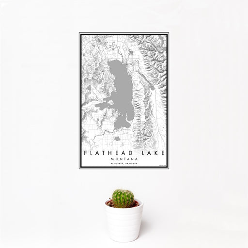 12x18 Flathead Lake Montana Map Print Portrait Orientation in Classic Style With Small Cactus Plant in White Planter