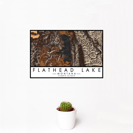 12x18 Flathead Lake Montana Map Print Landscape Orientation in Ember Style With Small Cactus Plant in White Planter